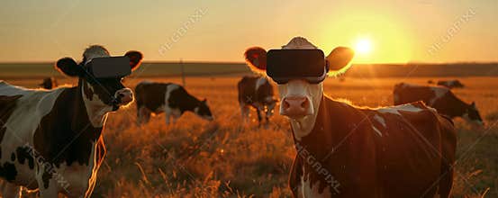 Cows with virtual reality headsets at sunset in a field