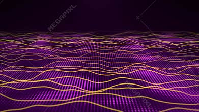 Seamless loop animation of glowing purple field with yellow neon waves