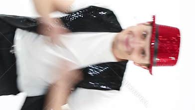 young active happy man in red hat silly dancing on white background.