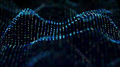 Abstract field of blue particle waves smoothly flowing on a dark background with soft glow effect