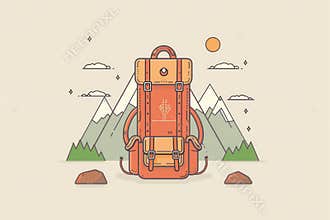 A minimalist illustration of a stylized backpack against a mountain landscape with a sun and clouds. Generative AI