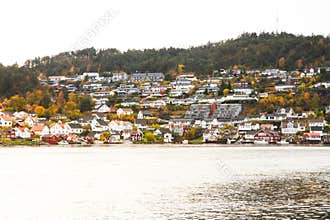 Sunset view of waterfront Brevik city.
