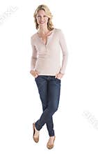 Beautiful Woman Standing Hands In Pockets Over White Background