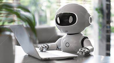 Cute AI chatbot robot sitting at desk and using laptop computer