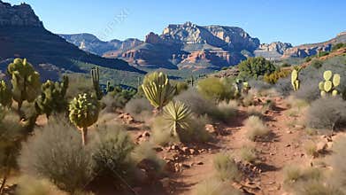 Desert dirt path leading through arid terrain with towering mountains in the background, A rugged desert landscape with towering