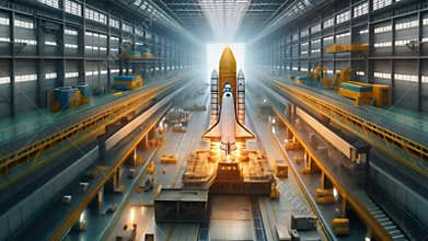 Space Shuttle in Assembly Hangar Undergoing Final Preparations at Dawn in Facility