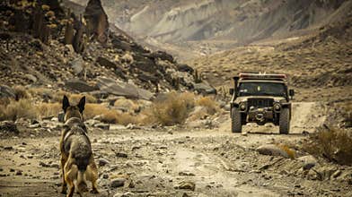 Adventure Drive: Jeep Cruising Along Dirt Road With Loyal Dog