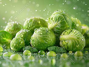 brussels sprouts, water droplets, equally spaced, on a light background, isometric angle, macro shot, highly saturated