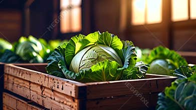 Ripe organic cabbage stored in wooden crates at warehouse with blurred background