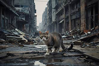 A cat in a street of a destroyed city