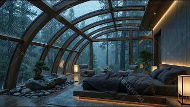 Luxurious bedroom under an arched glass roof watching heavy rain fall on the dark forest outside.