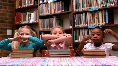Cute little girls posing with library books