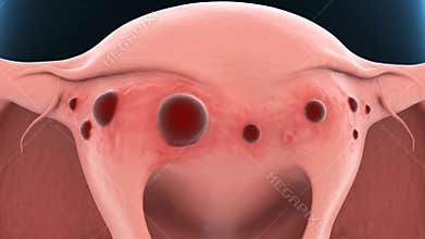Medical Animation of Uterus with Tumors Showing Growth And Problems In Pale Pink And Blackish-Red Colors In Dark
