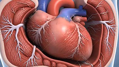 Human Heart Anatomy Close Up View Illustration Showing Muscular Structure Veins and Arteries on Blue Background for