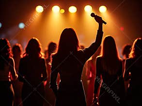 Silhouette Female Singer With Microphone On Stage