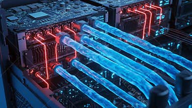 Data Center Server Racks with Neon Blue Lights and Reflective Surfaces for Technology and Data Processing