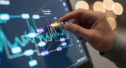 Hand manipulating a control knob on a screen displaying complex machine learning data for optimization.