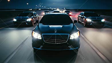 Luxury cars driving at night executive sedan convoy cruises down open highway under moonlight, powerful headlights cutting through