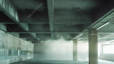 Empty concrete parking garage with mysterious fog