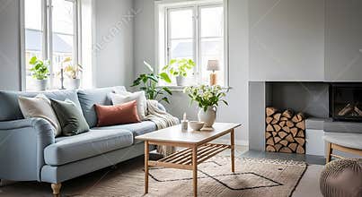 Modern Living Room with Blue Sofa and Fireplace