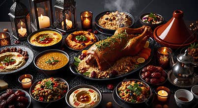 Middle Eastern Cuisine Feast Traditional Dishes and Delicacies on Table