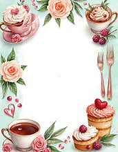 Delicate watercolor frame borders tea cups cupcakes and forks. Pink roses and green leaves surround sweet treats. Pastel color
