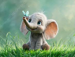 Cute cartoon elephant with butterfly sitting on grass in a whimsical nature setting
