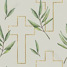 Cross with green olive tree branches seamless pattern Watercolor religious hand painted illustration