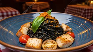 Gourmet squid ink tagliatelle with swordfish and tomatoes in a cozy italian restaurant