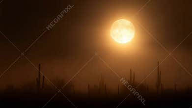 Ethereal Desert Moonscape With Silhouetted Cacti Through Golden Haze