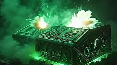 A mysterious artifact reacts to light and begins to explode toxic gas swirl in rhythmic pulses, the green Generative AI