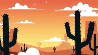 Animated Desert Sunset: Saguaro Cacti Silhouette, Warm Hues, Gentle Snow
