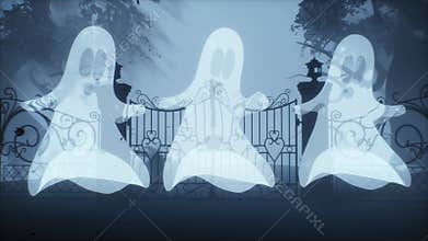 Three spooky white ghosts dancing near ornate iron gate in misty haunted cemetery at night. Perfect Halloween horror animation