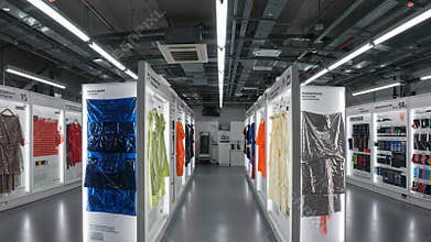 Exploration of innovative synthetic fabrics in a high-tech innovation lab showcasing experimental designs