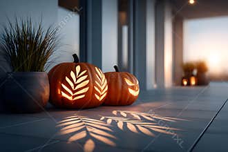 Halloween Pumpkin Lanterns on Modern Patio at Dusk Generative AI