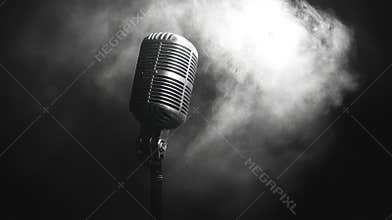Vintage Microphone On Stage With Atmospheric Smoke Effect