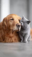 Golden retriever and british shorthair cat cuddling showing friendship