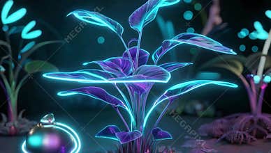 Glowing neon plant with purple leaves in a futuristic garden setting creates a vibrant scene