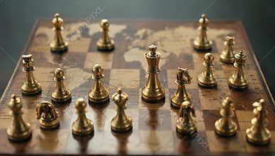 Golden chess pieces are strategically positioned on a vintage world map chess board game