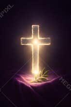 Dark Minimalist Ash Cross with Olive Branch Religious Symbol Still Life, Ai generative
