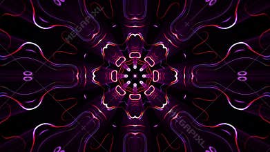 Neon mandala with glowing lines and symmetrical geometric light pattern on a dark background