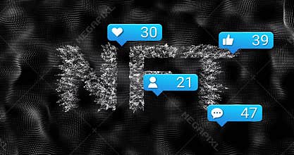 Dot mesh starting particles forming NFT letters while icon bubbles updating metrics showing growth