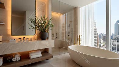 Luxurious Modern Bathroom Design with Elegant Freestanding Tub and Cityscape View Generative AI