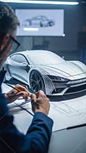 Automotive engineer designing modern sports car prototype with blueprints and digital display in studio