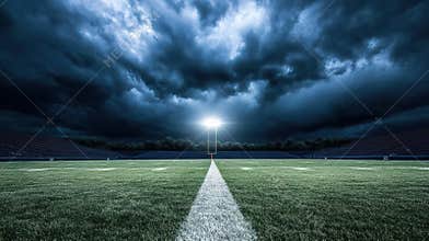Empty Football Field Illuminated Under a Dramatic, Dark Sky