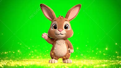 Adorable Brown Bunny Waving Hand Animation with Green Screen Background and Glittering Effects Perfect for Easter Greetings Spring