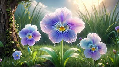 Vibrant pansies bloom in a lush garden setting with sunlight filtering through the trees