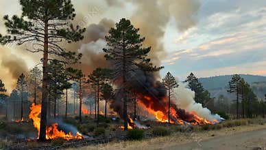 Wildfire rages through a forest landscape with flames and smoke creating a dramatic scene