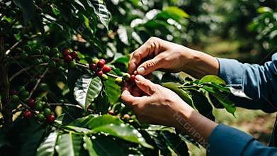 Close Up of Hands Harvesting Coffee Beans from Tree Branch in Daylight Selective Focus Featuring Red and Green Berries and Lush