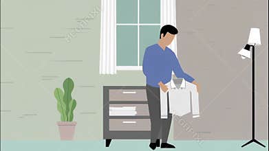 Man organizing clothes and doing laundry at home illustration animation
